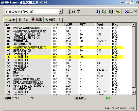 用HD Tune V2.54，测ST3500418AS居然2黄