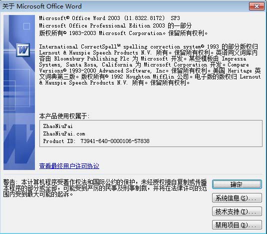 Microsoft Office 2003 with SP3的版本信息（Word组件）